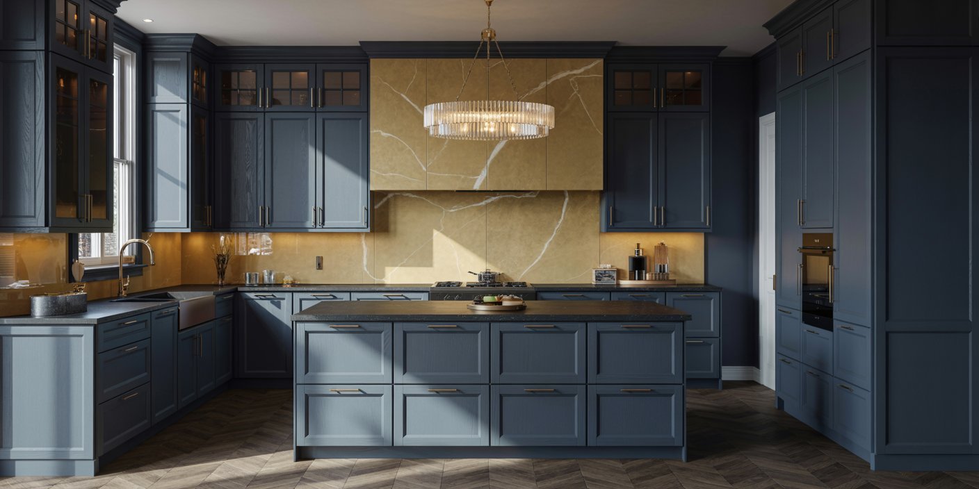 Spacious modern kitchen featuring matte blue kitchen cabinets, a dark island countertop, and a striking gold-veined marble backsplash under a crystal chandelier.