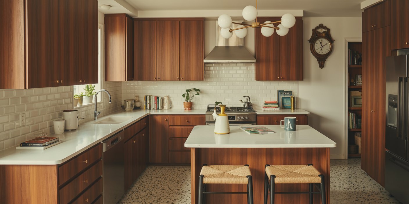 Warm mid century modern kitchen featuring dark wood cabinetry, white quartz countertops, subway tile backsplash, and a central island with woven bar stools beneath a globe chandelier.