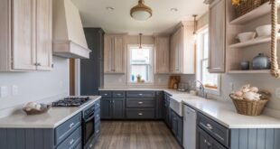 Bright kitchen with natural light featuring two tone kitchen cabinets in light wood and deep charcoal, white countertops, farmhouse sink, and woven decor accents.