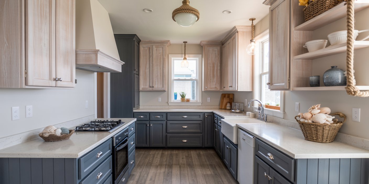 Inspiring Two‑Tone Kitchen Cabinet Styles for Every Mood Bright kitchen with natural light featuring two tone kitchen cabinets in light wood and deep charcoal, white countertops, farmhouse sink, and woven decor accents.