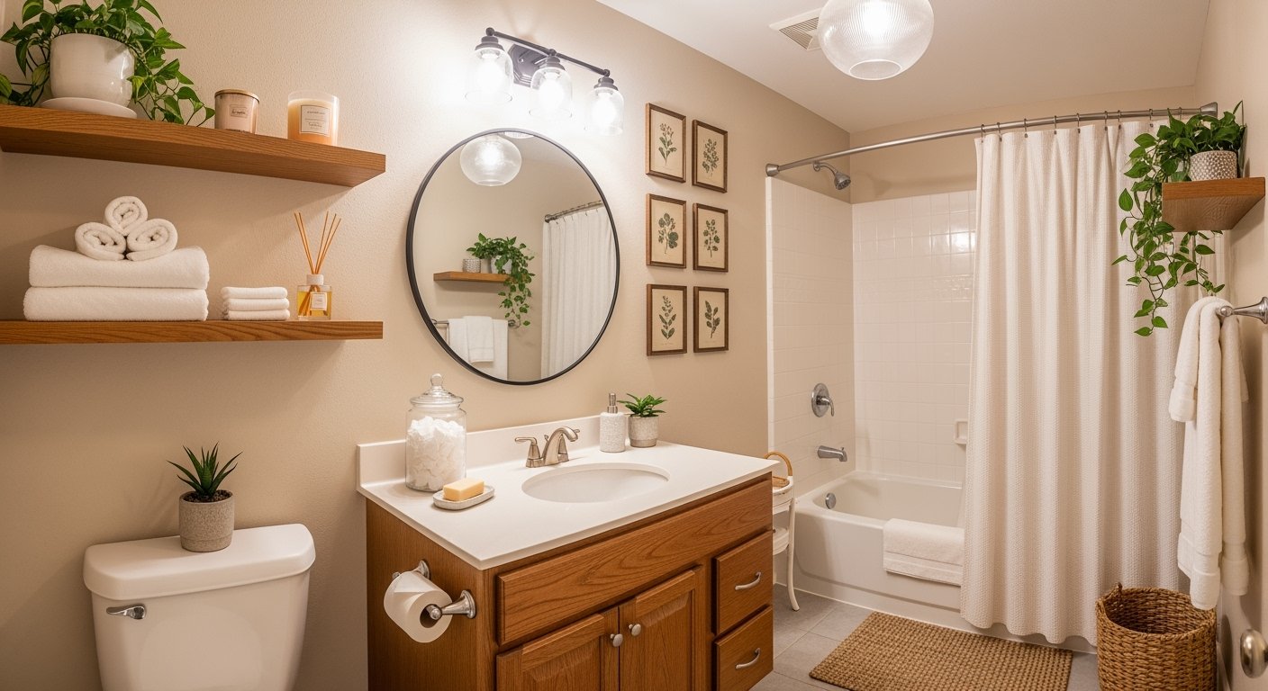 Cozy bathroom featuring wooden cabinetry, a round mirror with overhead lights, potted plants, botanical prints, and minimalist bathroom wall decor with a warm, spa-like ambiance.