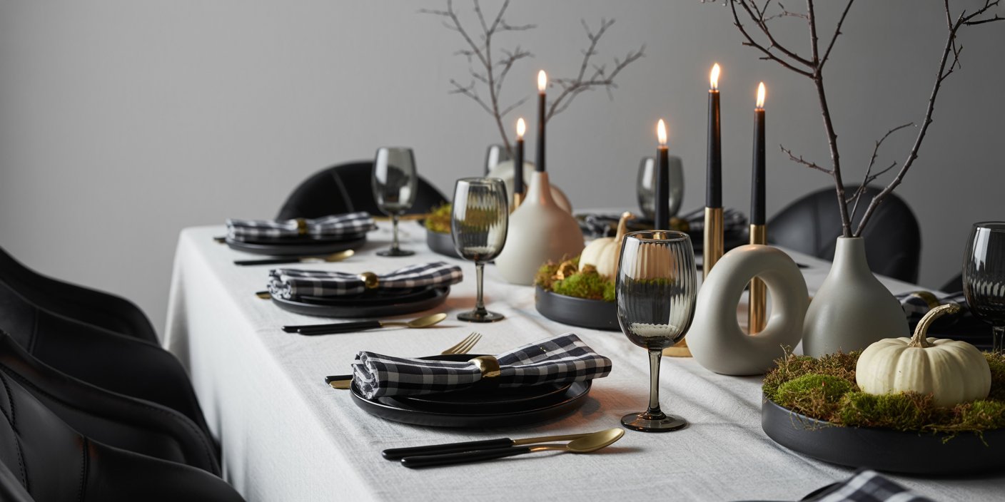 Elegant table set with black dinnerware, gold flatware, and black-and-white checkered napkins, featuring black candles, minimalist vases, and white pumpkins on moss centerpieces, creating a chic black and white thanksgiving tablescape.