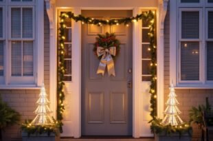 A front door decorated with a lit wreath and garland, framed by glowing Christmas lights and flanked by two illuminated cone-shaped trees, showcasing elegant christmas door decorations outdoor.