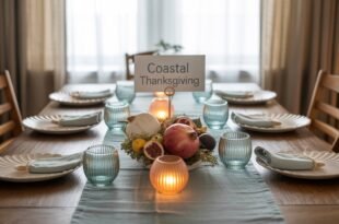 Elegant Thanksgiving table setting with a “Coastal Thanksgiving” sign, featuring a centerpiece of pomegranate, coconut, figs, and citrus fruits, surrounded by aqua glass candle holders and shell-inspired dinner plates.
