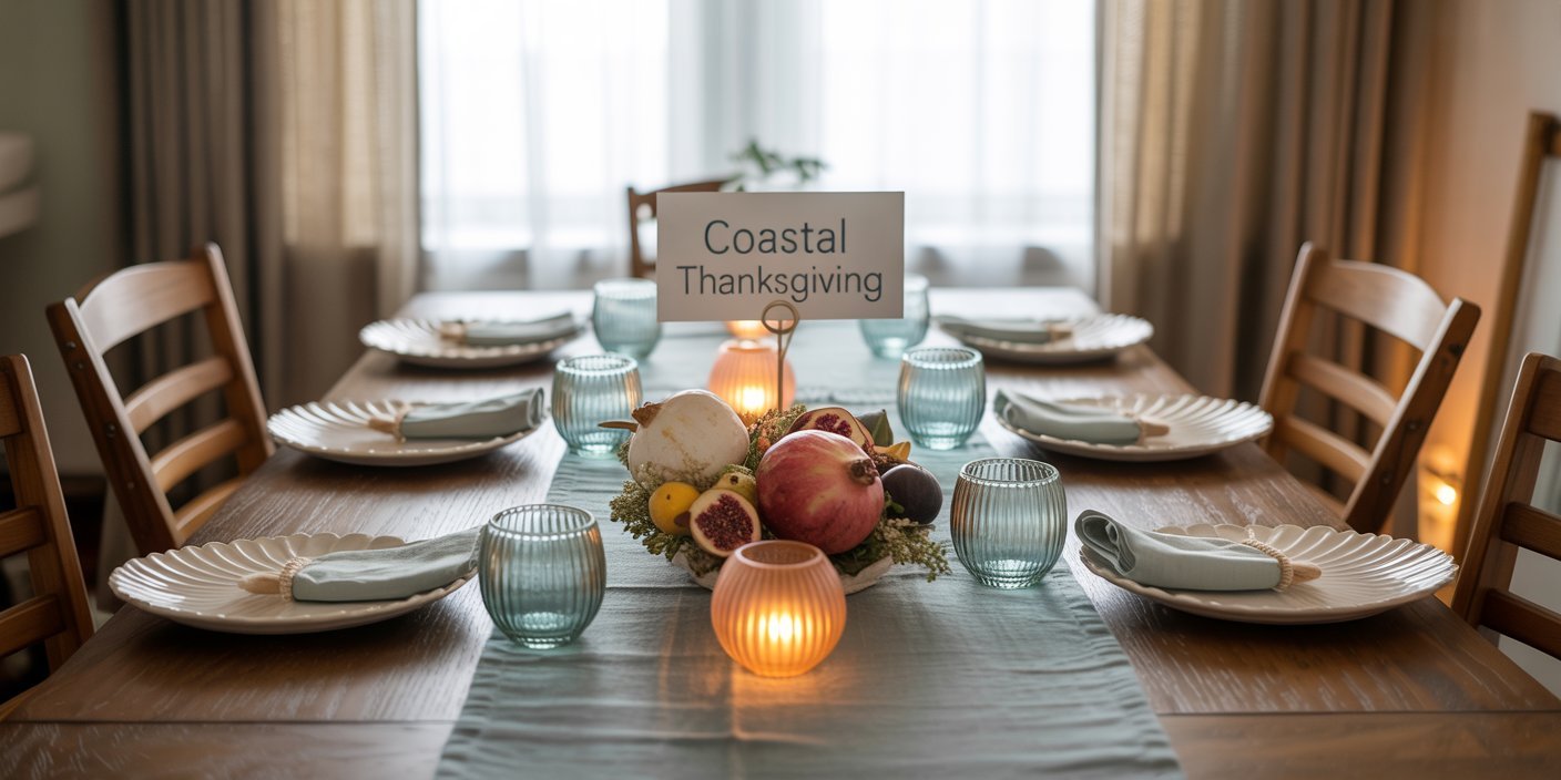 Elegant Thanksgiving table setting with a “Coastal Thanksgiving” sign, featuring a centerpiece of pomegranate, coconut, figs, and citrus fruits, surrounded by aqua glass candle holders and shell-inspired dinner plates.