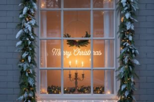 Festive window framed with snowy garlands and warm lights, displaying a “Merry Christmas” sign, a hanging wreath, and a glowing candleholder inside — a classic example of outdoor Christmas window decorations.