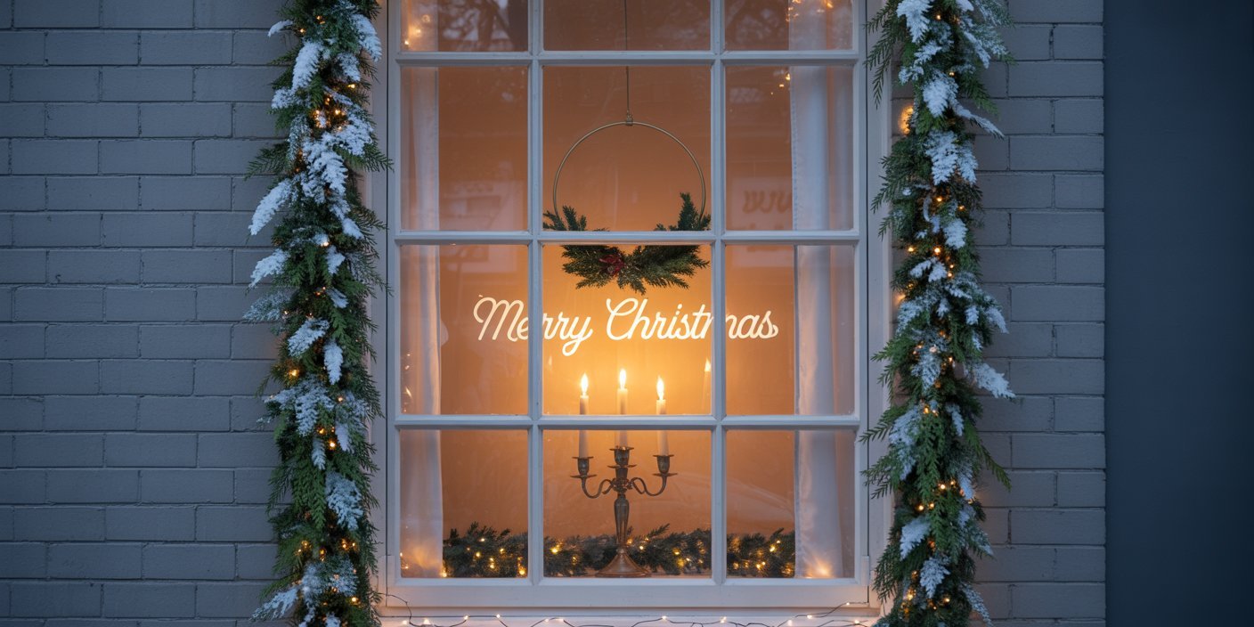 Festive window framed with snowy garlands and warm lights, displaying a “Merry Christmas” sign, a hanging wreath, and a glowing candleholder inside — a classic example of outdoor Christmas window decorations.
