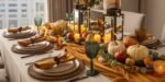 Elegant Thanksgiving tablescape featuring a neutral tablecloth, amber and teal goblets, mustard yellow napkins, and a centerpiece of white pumpkins, apples, candles, and lanterns on a golden fabric runner.