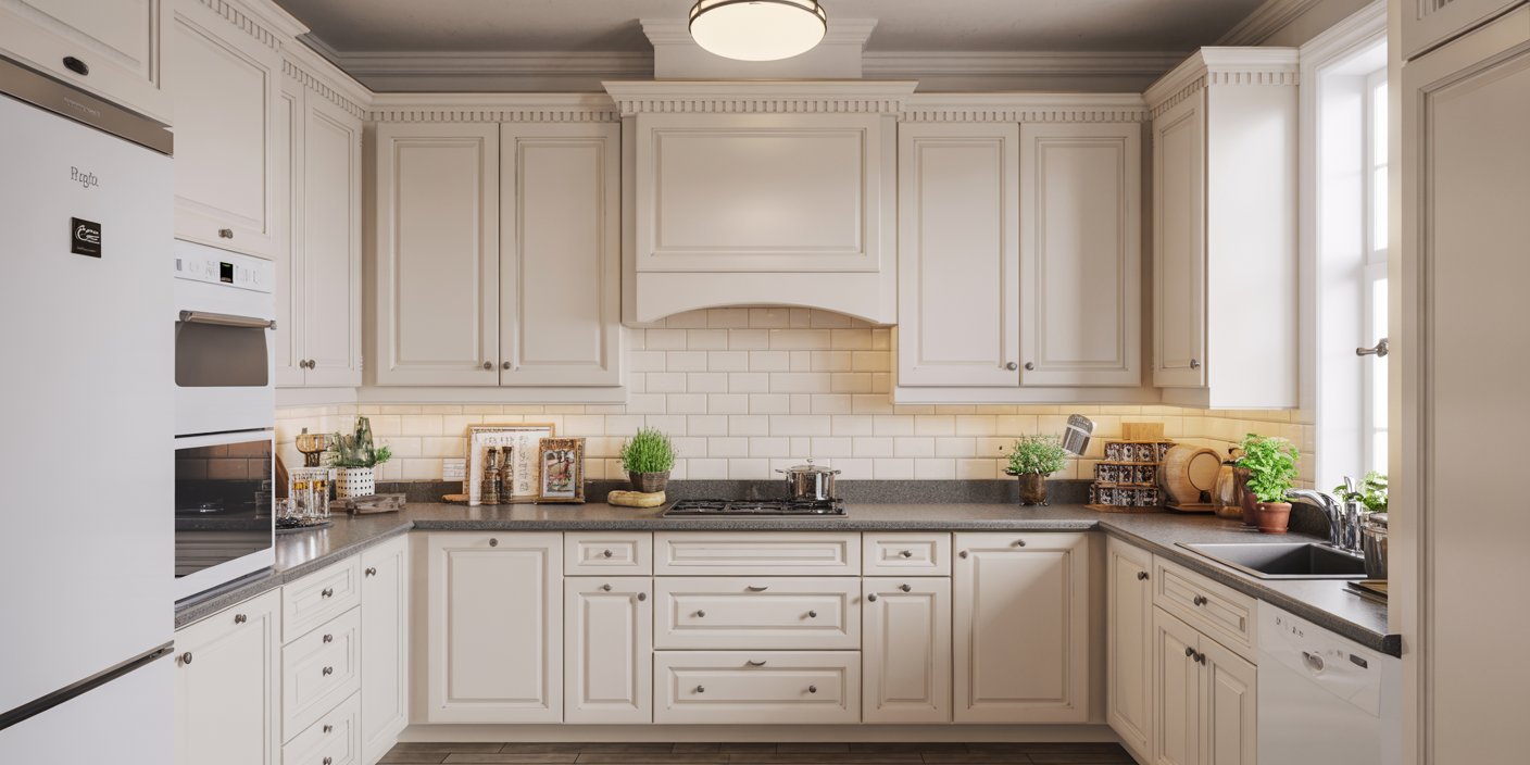 Elegant kitchen with classic white kitchen cabinets, dark countertops, and a tiled backsplash, accented by potted herbs and framed pictures under warm under-cabinet lighting.