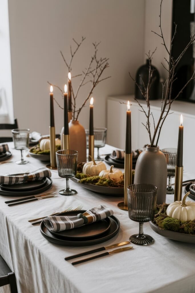 Monochrome Marvels: Black & White Thanksgiving Tablescapes 2 Cozy thanksgiving table with a white tablecloth, black dishware, striped napkins, black candles, and centerpieces of white pumpkins on moss in shallow bowls with bare branches in neutral-toned vases.