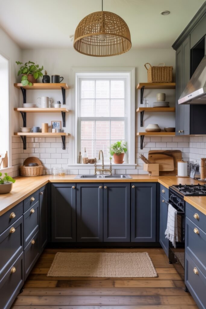 Stunning Ways to Style Black Kitchen Cabinets 2 Cozy kitchen with black kitchen cabinets, butcher block countertops, white tile backsplash, and wooden open shelves holding dishware and plants, illuminated by a large woven pendant light.