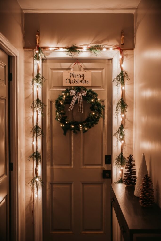 Front Door Cheer: Christmas Door Decorations Outdoor Ideas 2 A cozy indoor entryway featuring a wreath with a plaid ribbon, pine garland with lights, a "Merry Christmas" sign on the door, and festive tabletop trees.