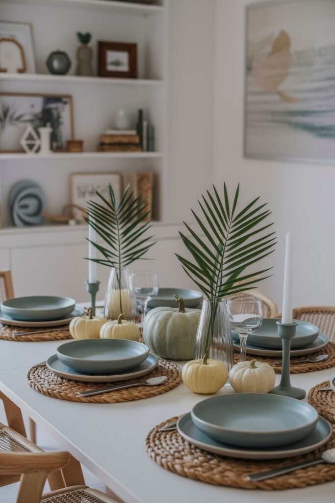 Breezy Blues & Driftwood Accents: Coastal Thanksgiving Tablescapes 2 Minimalist table decor with green-blue dinnerware, natural woven placemats, small white pumpkins, and palm fronds in clear vases, evoking a tropical coastal thanksgiving tablescape.