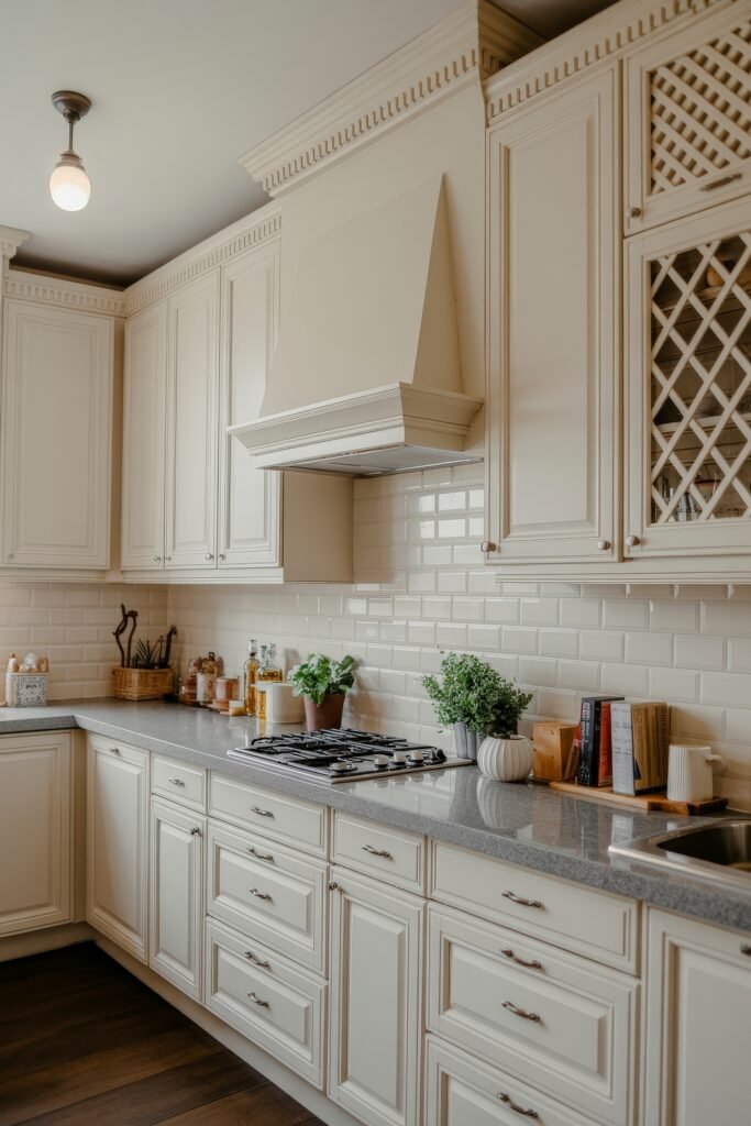 Inspiring Styles to Refresh Your White Kitchen Cabinets 2 Traditional kitchen featuring ornate white kitchen cabinets, a sleek range hood, gray countertops, and a white subway tile backsplash with decorative greenery and cookbooks.