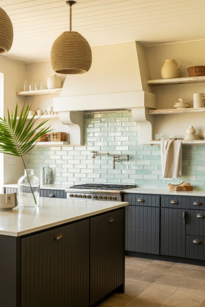Stunning Ways to Style Black Kitchen Cabinets 3 Warm kitchen design featuring black kitchen cabinets with vertical grooves, cream walls, pale green subway tile backsplash, rustic floating shelves, and rope-textured pendant lights above a white countertop island.