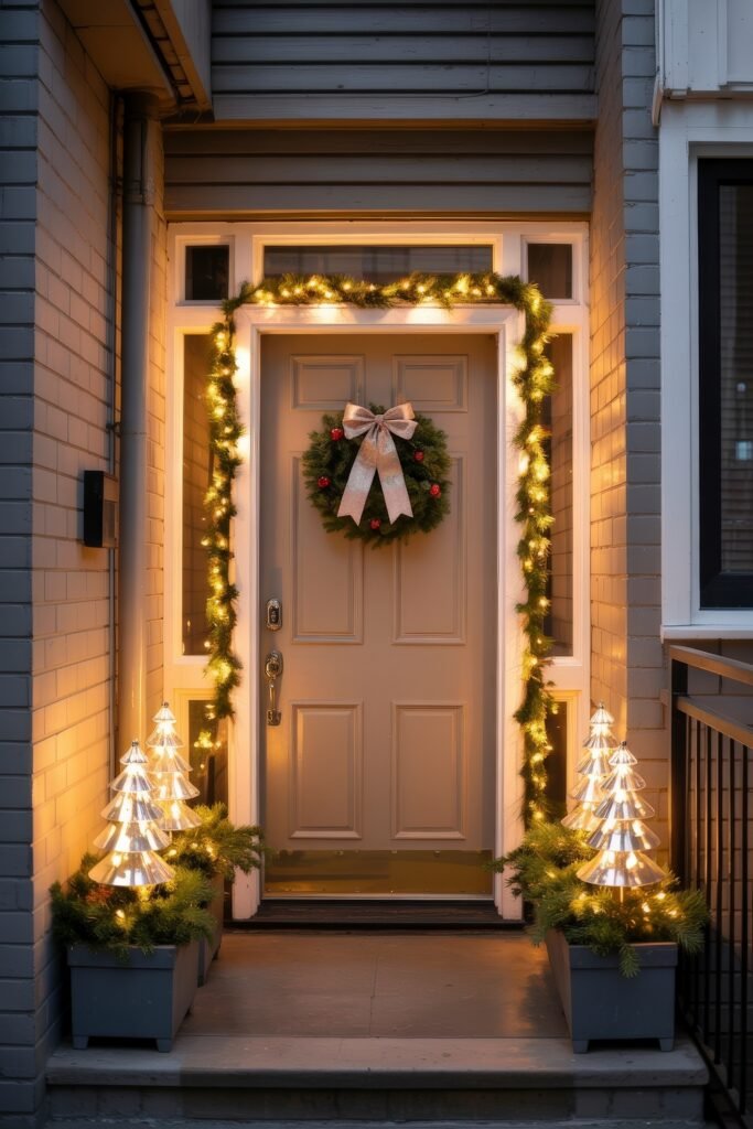 Front Door Cheer: Christmas Door Decorations Outdoor Ideas 3 A warmly lit porch with a beige door adorned with a wreath and bow, framed by lighted garland and metallic Christmas tree decorations, capturing stylish outdoor christmas decorations.