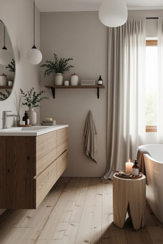 Gorgeous Ways to Elevate Your Bathroom Shelf Decor 2 Scandinavian-inspired bathroom featuring a wall-mounted wooden vanity, floating bathroom shelf decor with ceramic jars, towels, and greenery, alongside a round mirror and cozy elements like candles and soft drapes.