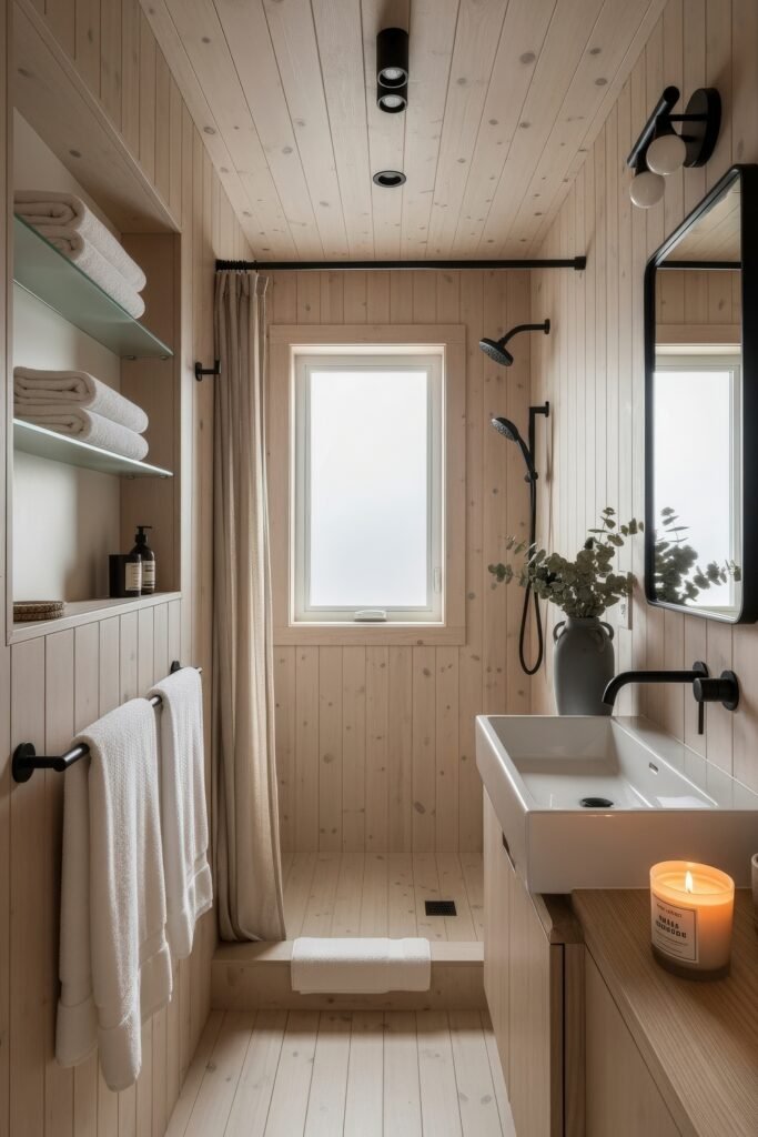Creative Ways to Elevate Your Bathroom Wall Decor 2 Narrow Scandinavian-style bathroom with light wood paneling, black fixtures, a frosted window, and a modern walk-in shower accented by neatly folded towels and a lit candle.