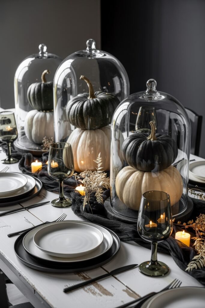 Monochrome Marvels: Black & White Thanksgiving Tablescapes 3 Sophisticated black and white thanksgiving tablescape with stacked white and dark green pumpkins under glass cloches, black gauze table runner, glowing candles, and black-rimmed dinnerware.
