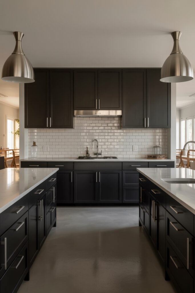 Stunning Ways to Style Black Kitchen Cabinets 4 Contemporary kitchen with sleek black kitchen cabinets, white countertops, and a white subway tile backsplash, accented by stainless steel appliances and pendant lighting over dual islands.