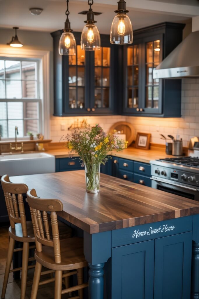 Inspiring Looks for Blue Kitchen Cabinets in Every Style 2 Cozy kitchen with blue kitchen cabinets, butcher block countertops, a farmhouse sink, and a wooden island with bar stools and a “Home Sweet Home” detail.