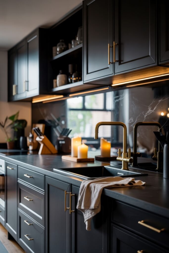 Chic Ways to Style a Modern Black Kitchen 2 Close-up of a modern black kitchen with matte black cabinets, brass hardware and faucet, under-cabinet lighting, candles, and a reflective backsplash.