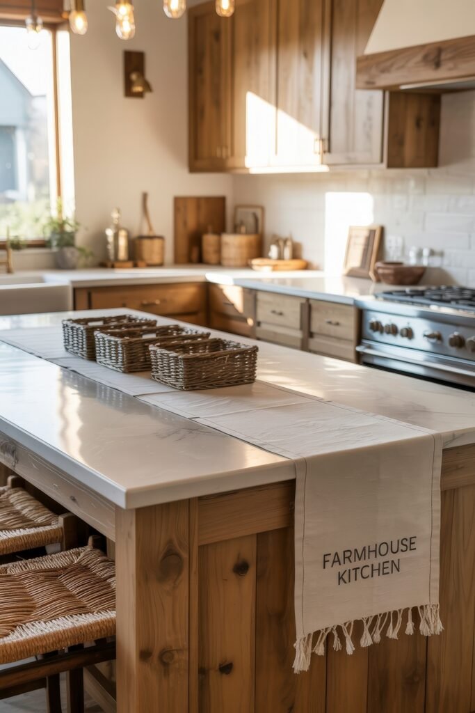 Rustic‑Modern Kitchen Ideas for Warm, Sleek Style 2 Cozy kitchen with natural wood cabinetry, a large marble island, wicker baskets, and a runner labeled "Farmhouse Kitchen," exuding a warm rustic charm.