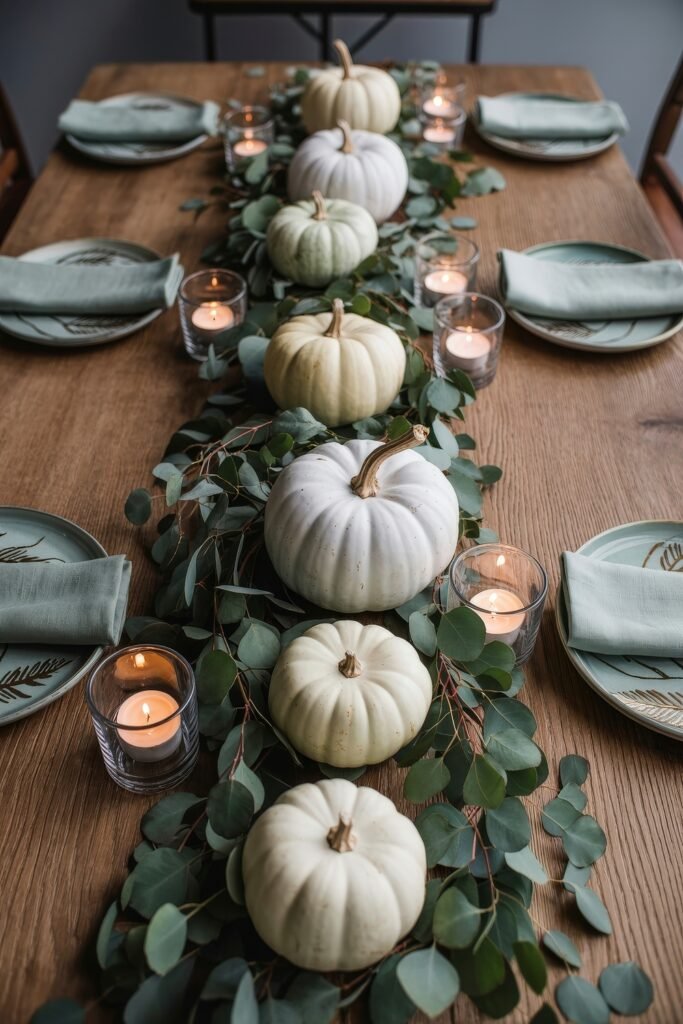 Effortless Harvest Table Looks: Thanksgiving Tablescapes Simple & Chic 2 Minimalist Thanksgiving tablescape simple in style, showcasing a natural wood table with a eucalyptus garland, white pumpkins, and small votive candles, paired with sage green napkins and leaf-patterned plates.