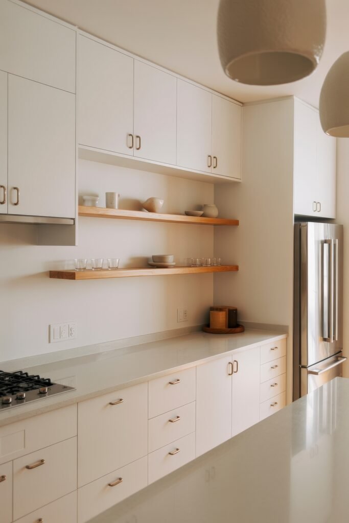 Inspiring Styles to Refresh Your White Kitchen Cabinets 3 Minimalist kitchen with smooth white cabinets, open wooden shelves displaying ceramic tableware, and stainless steel appliances for a clean, contemporary look.