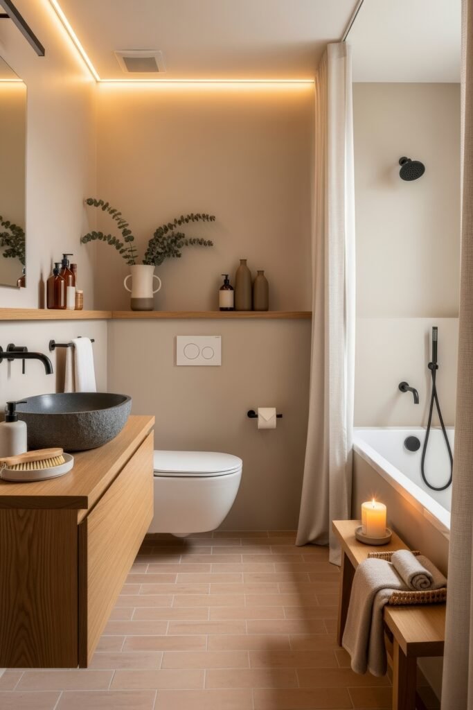 Gorgeous Ways to Elevate Your Bathroom Shelf Decor 3 Contemporary bathroom with a sleek wood vanity and stone basin, warm ambient lighting, and a built-in shelf displaying minimal bathroom decor including ceramic vases, greenery, and personal care bottles near a bathtub and modern fixtures.