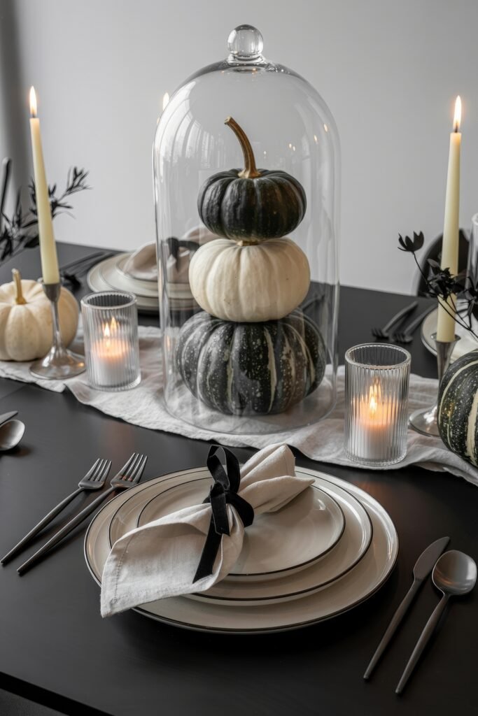 Monochrome Marvels: Black & White Thanksgiving Tablescapes 4 Modern table setting with a stack of black and white pumpkins under a glass cloche centerpiece, flanked by taper candles and white pumpkins, with elegant plateware and a napkin tied with a black ribbon.