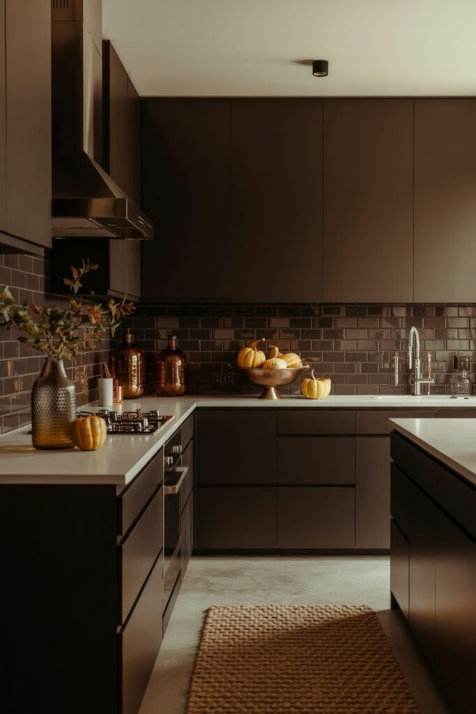 Stunning Ways to Style Black Kitchen Cabinets 5 Modern autumn-themed kitchen with black kitchen cabinets, black subway tile backsplash, and minimalist white countertops, decorated with gourds and amber-toned glass vases under warm lighting.