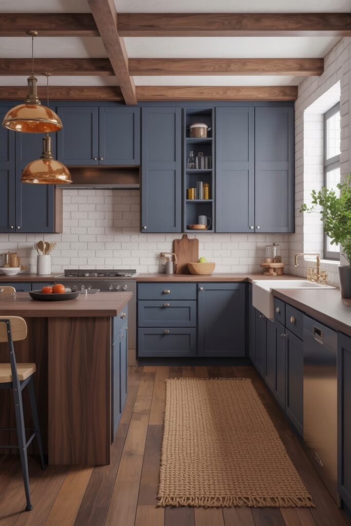 Inspiring Looks for Blue Kitchen Cabinets in Every Style 3 Rustic kitchen with shaker-style blue kitchen cabinets, exposed wood beams, a white brick backsplash, and natural wood accents including a jute rug and pendant lighting.