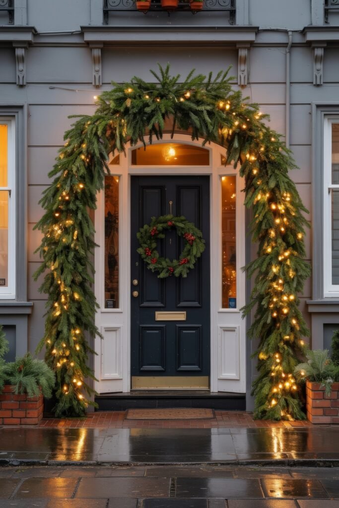 Front Door Cheer: Christmas Door Decorations Outdoor Ideas 5 A townhouse entrance with a dark door, wrapped in lush, glowing garland and a red-berried wreath, creating a festive outdoor christmas decorations display against a rainy sidewalk.