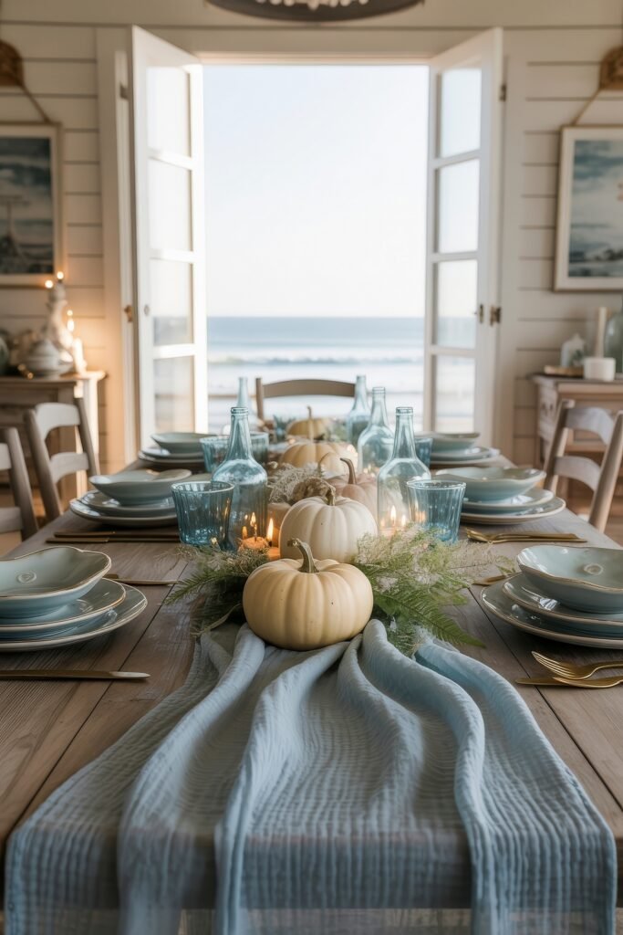Breezy Blues & Driftwood Accents: Coastal Thanksgiving Tablescapes 3 Serene coastal thanksgiving tablescape with creamy white pumpkins, soft blue linens, glowing candles, and ocean views through open French doors.