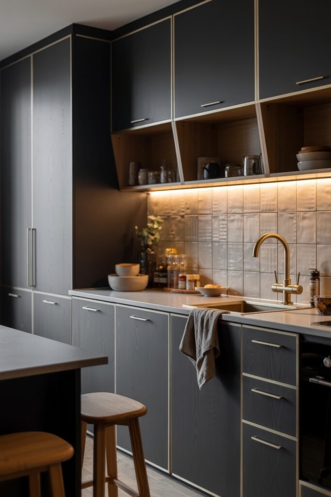 Chic Ways to Style a Modern Black Kitchen 3 Elegant modern black kitchen featuring soft lighting under upper cabinets, a brass faucet, ceramic tile backsplash, and light wood accents.