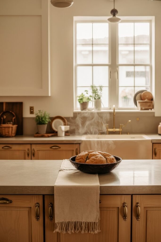 Rustic‑Modern Kitchen Ideas for Warm, Sleek Style 3 Sunlit kitchen with a steaming loaf of bread in a dark bowl on a marble island, soft neutral cabinetry, and potted herbs by a window, capturing a homey, rustic modern kitchen feel.