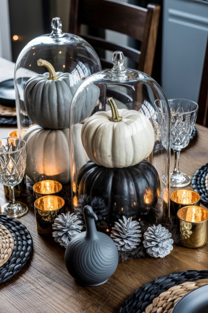 Monochrome Marvels: Black & White Thanksgiving Tablescapes 5 Dramatic thanksgiving centerpiece with glass cloches covering black and white pumpkins, surrounded by gold votive candles, silver pinecones, and textured decor on a wooden table with crystal glassware.