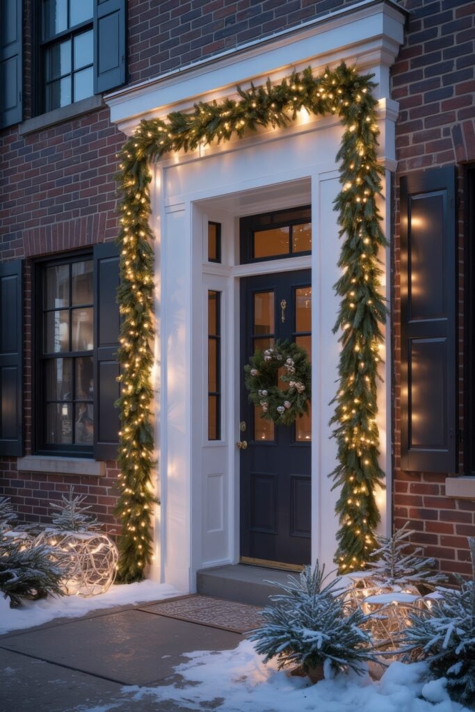 Front Door Cheer: Christmas Door Decorations Outdoor Ideas 6 A snowy doorway framed with pine garland and white string lights, leading to a dark door with a wreath, small lit trees, and a wintery charm perfect for christmas door decorations outdoor.