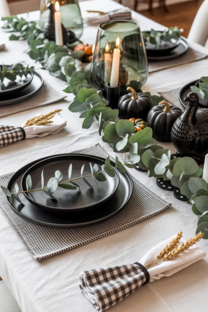 Monochrome Marvels: Black & White Thanksgiving Tablescapes 17 Chic and cozy table featuring a lush eucalyptus garland, black dinnerware, plaid napkins with wheat bundles, black pumpkins, and smoked green glass candleholders.