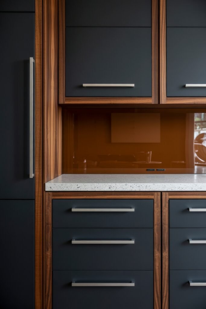 Stunning Ways to Style Black Kitchen Cabinets 22 Close-up of a sleek black and wood kitchen unit with matte black drawers, stainless steel handles, and a speckled white countertop, backed by a glossy amber-colored backsplash.