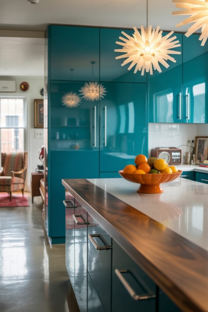 Inspiring Looks for Blue Kitchen Cabinets in Every Style 21 Contemporary kitchen with glossy teal blue kitchen cabinets, sculptural pendant lights, and a mix of marble and rich wood countertops centered around a bowl of fruit.