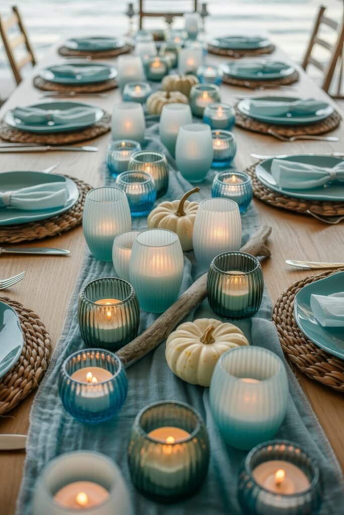 Breezy Blues & Driftwood Accents: Coastal Thanksgiving Tablescapes 16 Long coastal thanksgiving tablescape lit with glowing teal and frosted votives, interspersed with white pumpkins and driftwood over a pale blue runner.