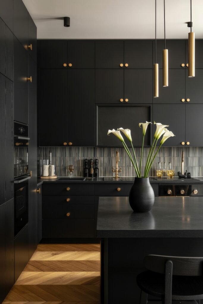 Chic Ways to Style a Modern Black Kitchen 18 Elegant modern black kitchen with matte cabinetry, gold accents, pendant lighting, and a black countertop island featuring white calla lilies in a vase.