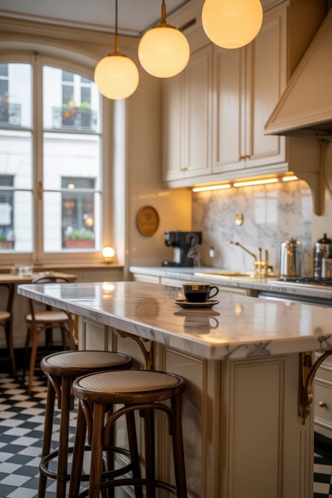 Inspiring Styles to Refresh Your White Kitchen Cabinets 17 Parisian-inspired kitchen with creamy white cabinets, a marble island, checkered black-and-white floors, and warm globe pendant lighting over café-style seating.
