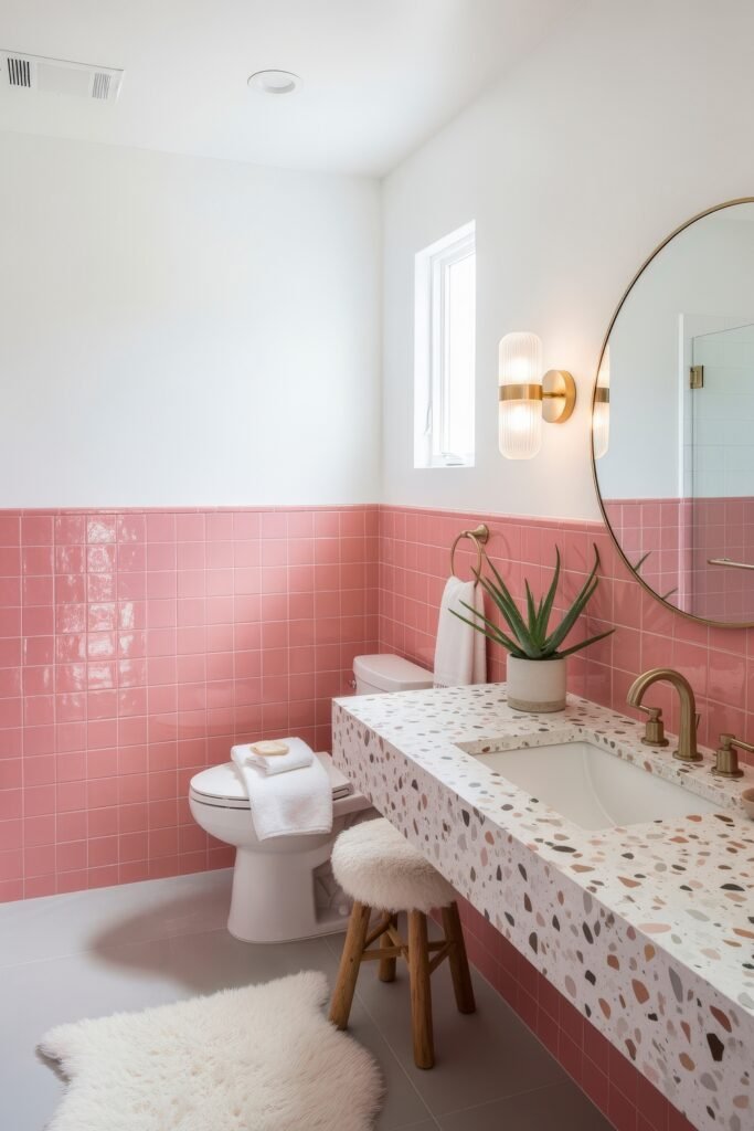 Creative Ways to Elevate Your Bathroom Wall Decor 20 Chic and cozy bathroom blending retro and contemporary with pink tile walls, terrazzo vanity, brass fixtures, soft white rugs, and plush seating, framed by a large round mirror.