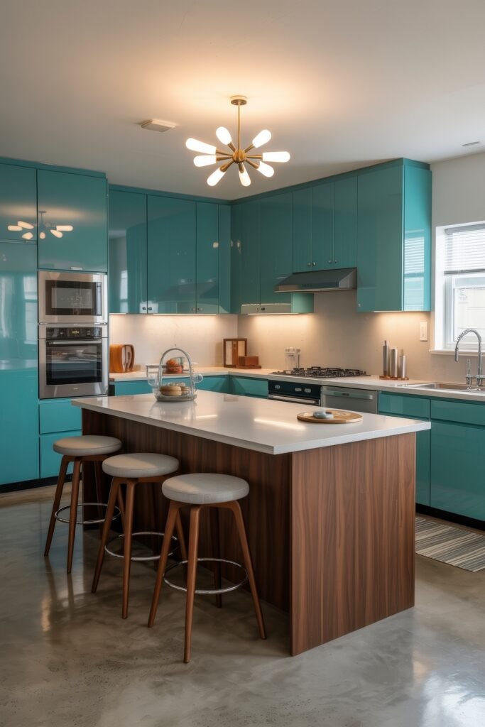 Inspiring Looks for Blue Kitchen Cabinets in Every Style 22 Sleek modern kitchen featuring turquoise blue cabinets, a white quartz island with wood paneling, and retro-inspired lighting for a mid-century feel.