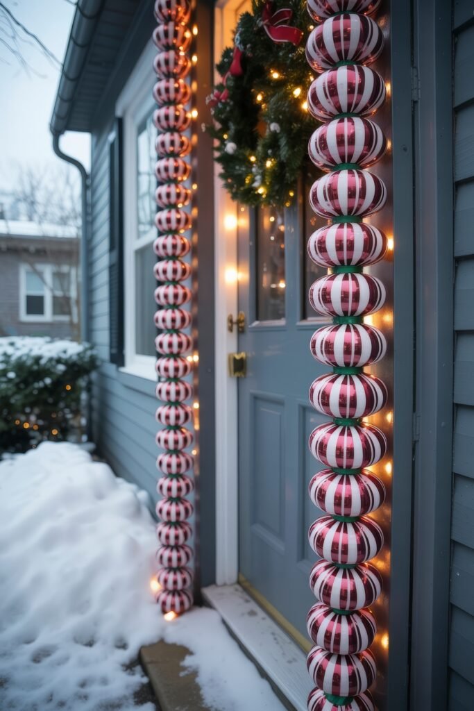 Front Door Cheer: Christmas Door Decorations Outdoor Ideas 22 A blue door surrounded by vertical garlands made of striped red, white, and green ornaments, accented with warm lights and a holiday wreath.