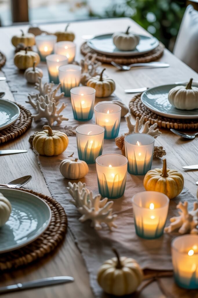 Breezy Blues & Driftwood Accents: Coastal Thanksgiving Tablescapes 17 Coastal-inspired Thanksgiving decor with mini white and striped pumpkins, glowing blue ombre candle holders, faux coral, and light woven placemats creating a fresh and festive setting.