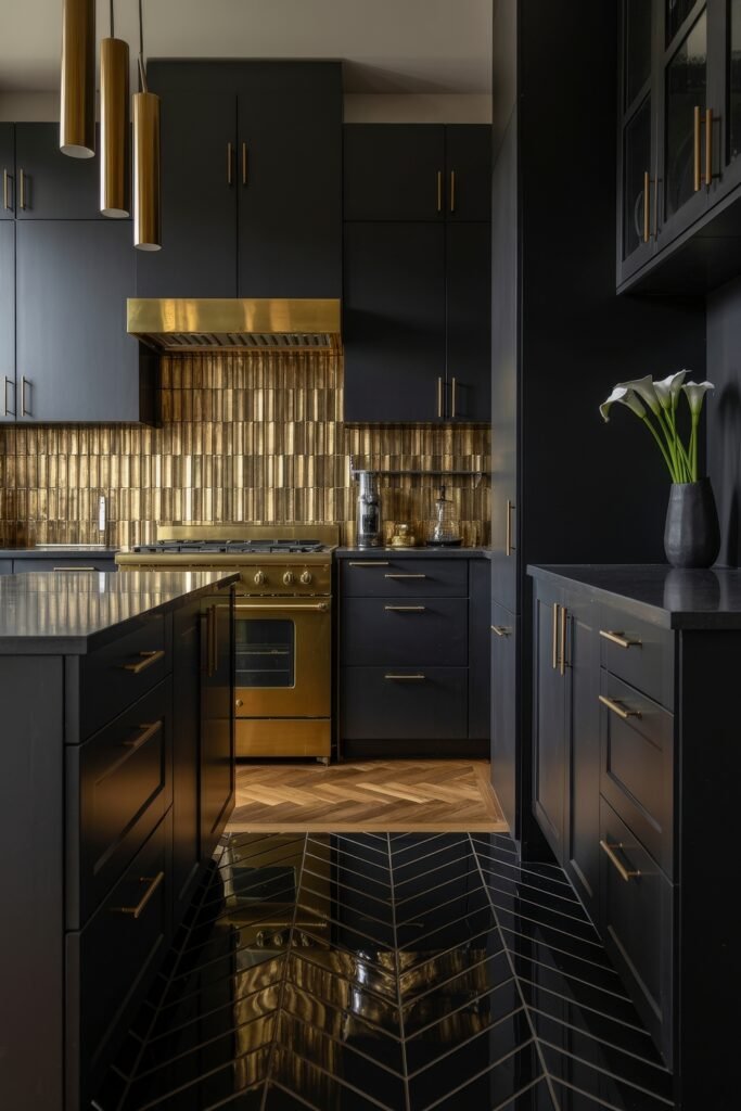 Chic Ways to Style a Modern Black Kitchen 19 Luxurious modern black kitchen with striking gold backsplash and matching range hood, gold hardware, and a chevron-patterned black tile floor.